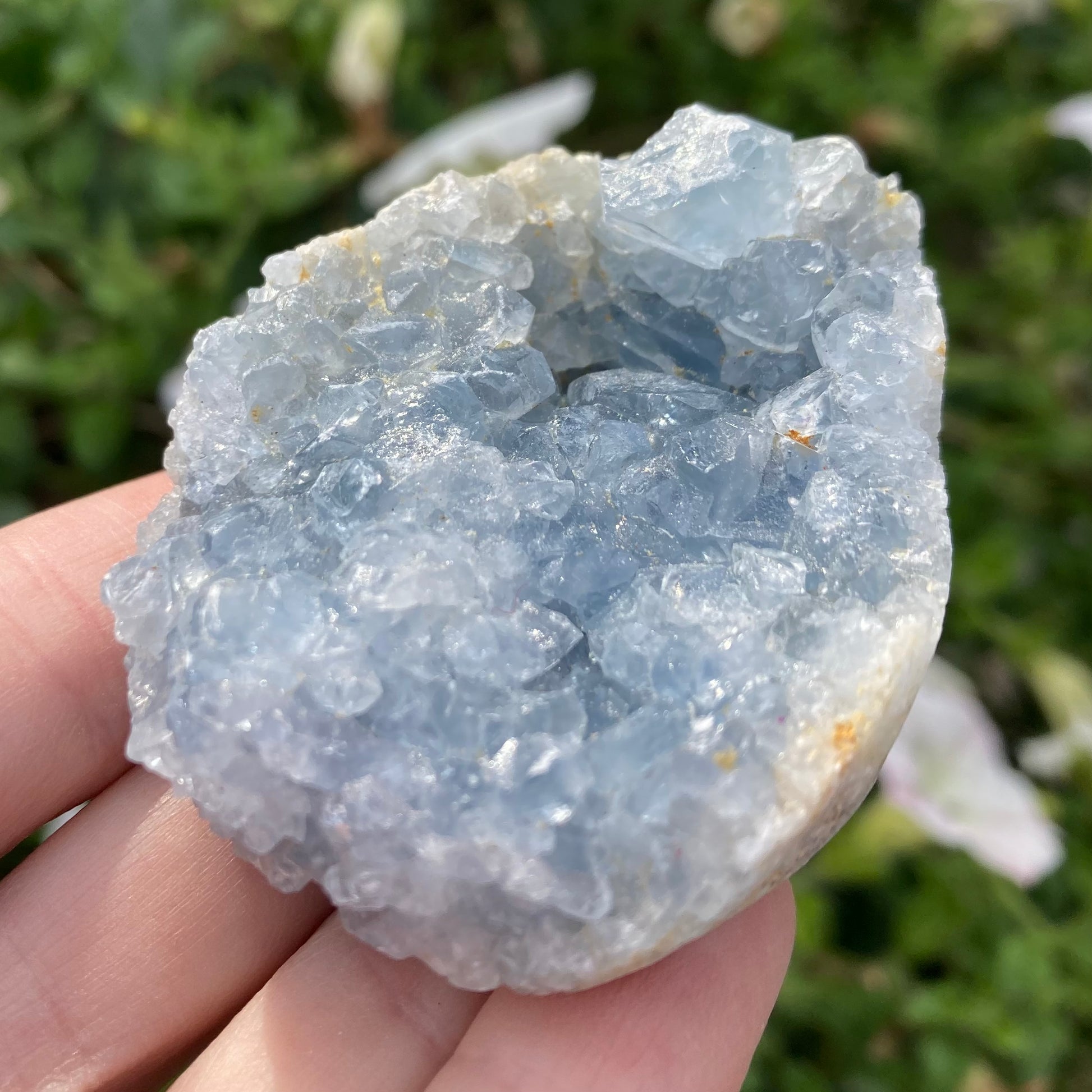 Raw celestite geode in pale blue colour