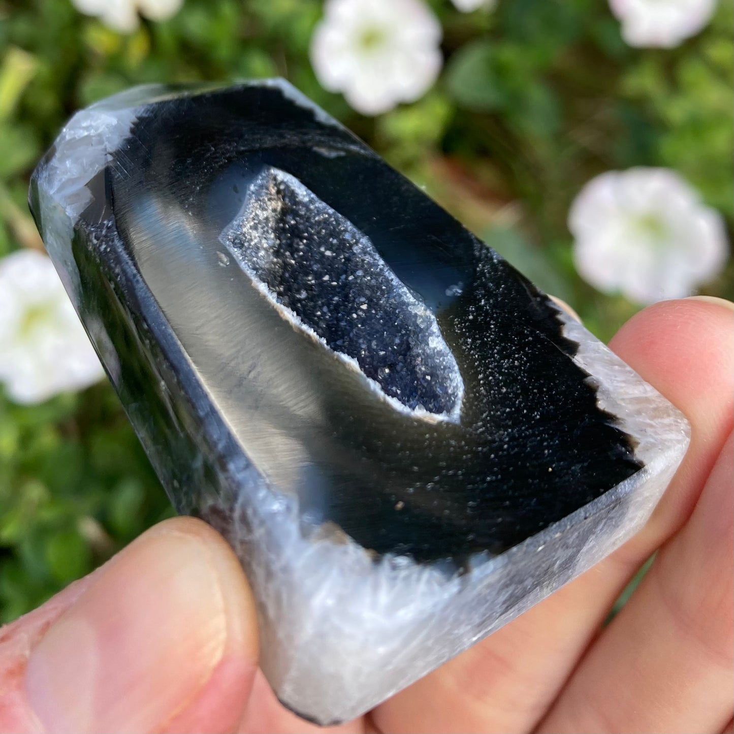 Druzy crystals on inside of sardonyx tower