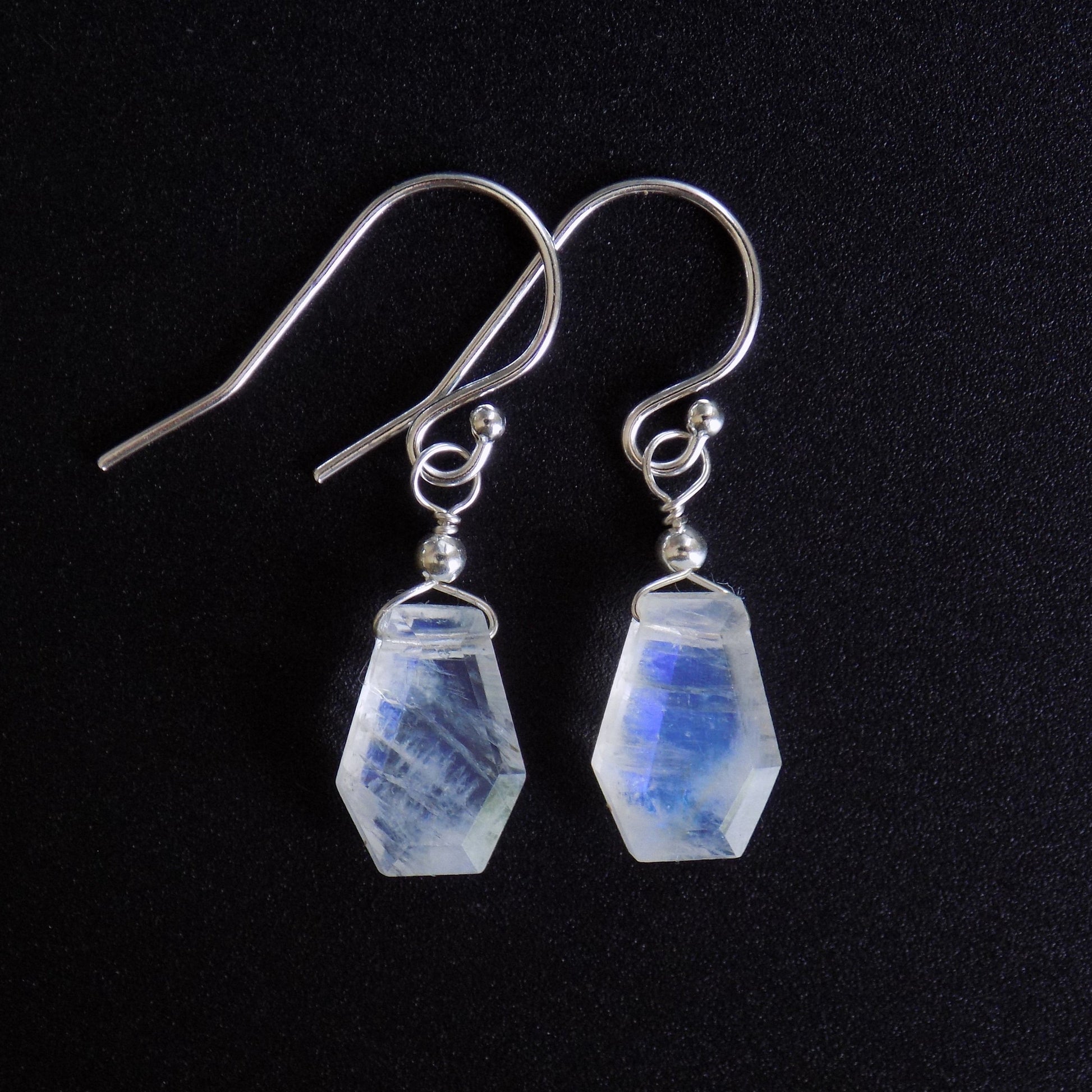 Moonstone dangly earrings with blue flash