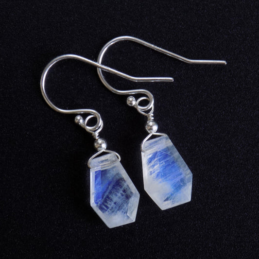 Coffin shape rainbow moonstone earrings in sterling silver