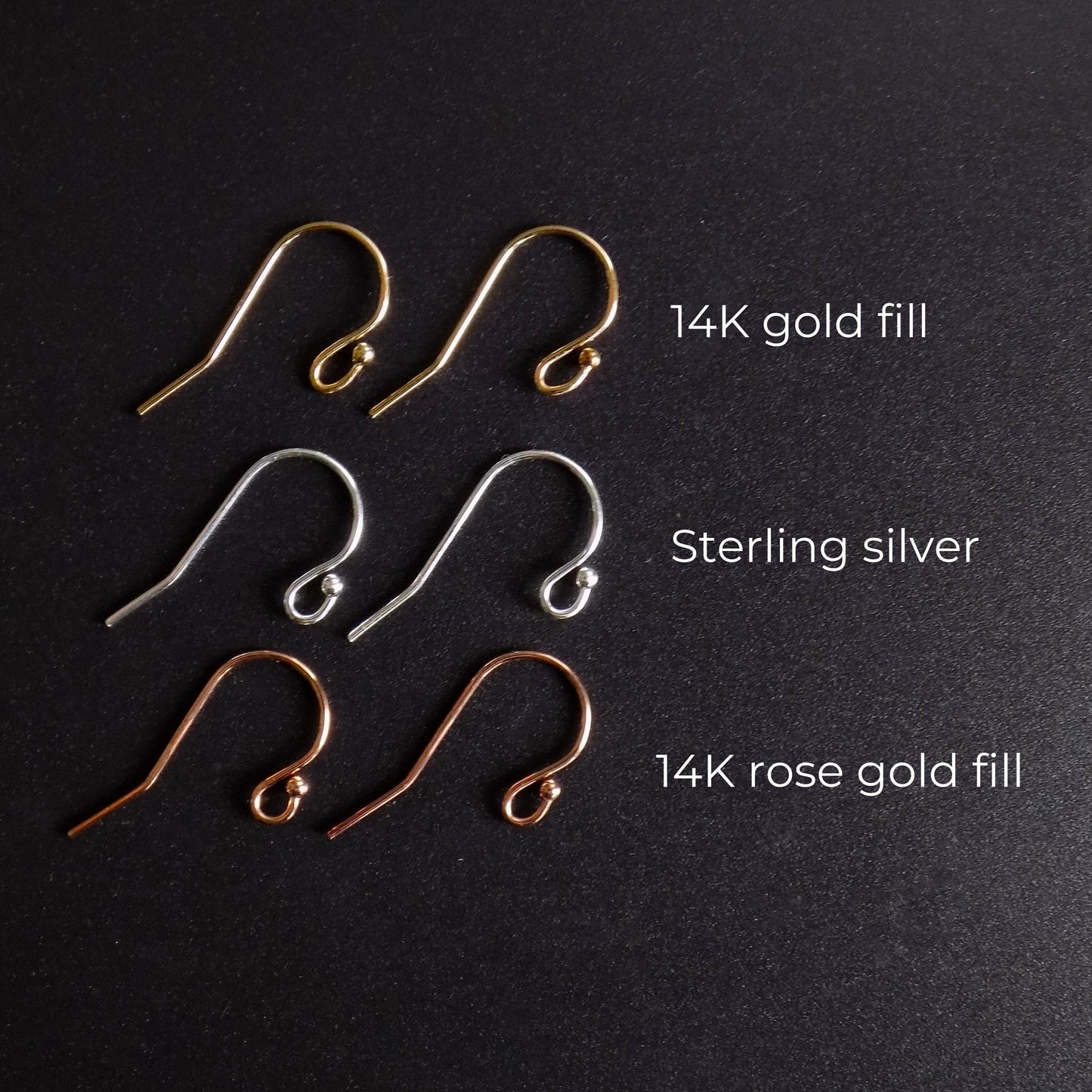 Hook earrings in 14K gold fill, sterling silver and 14K rose gold fill