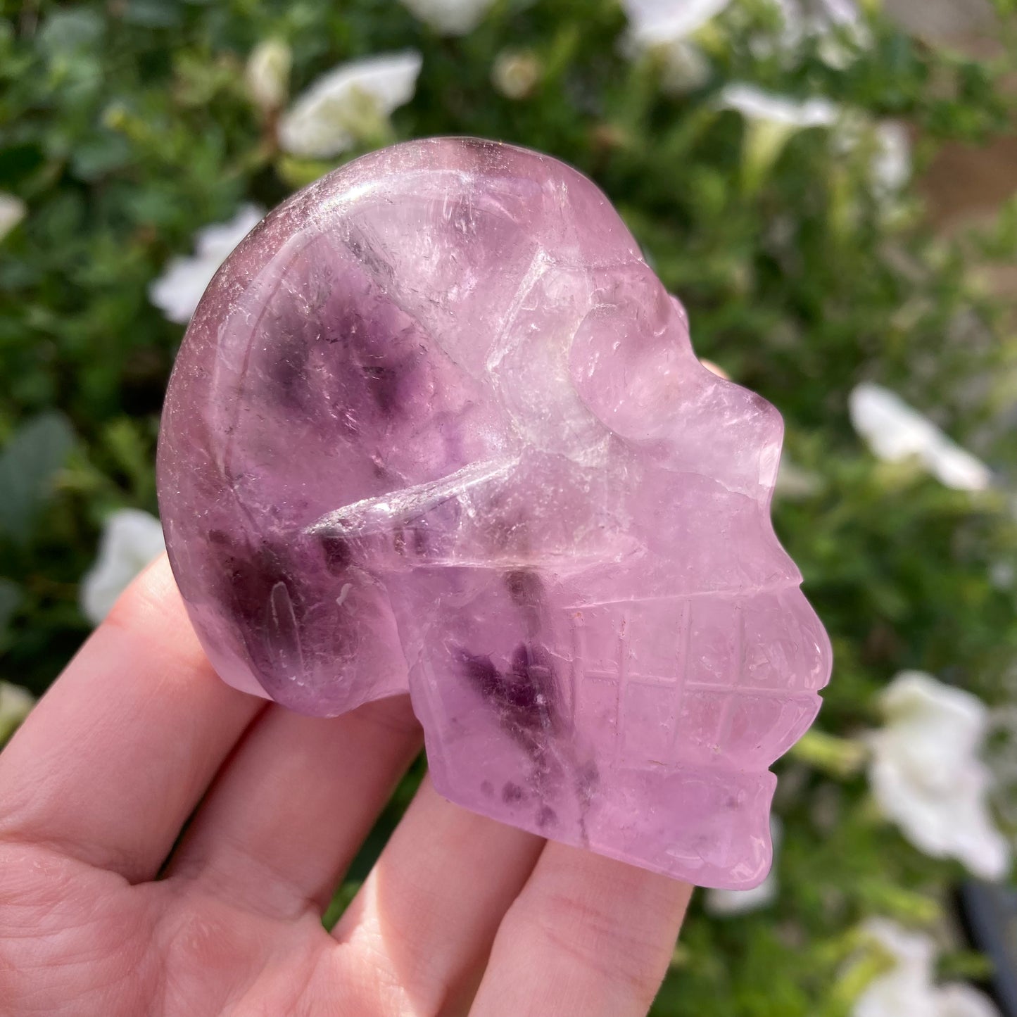 Side view of real amethyst crystal skull carving