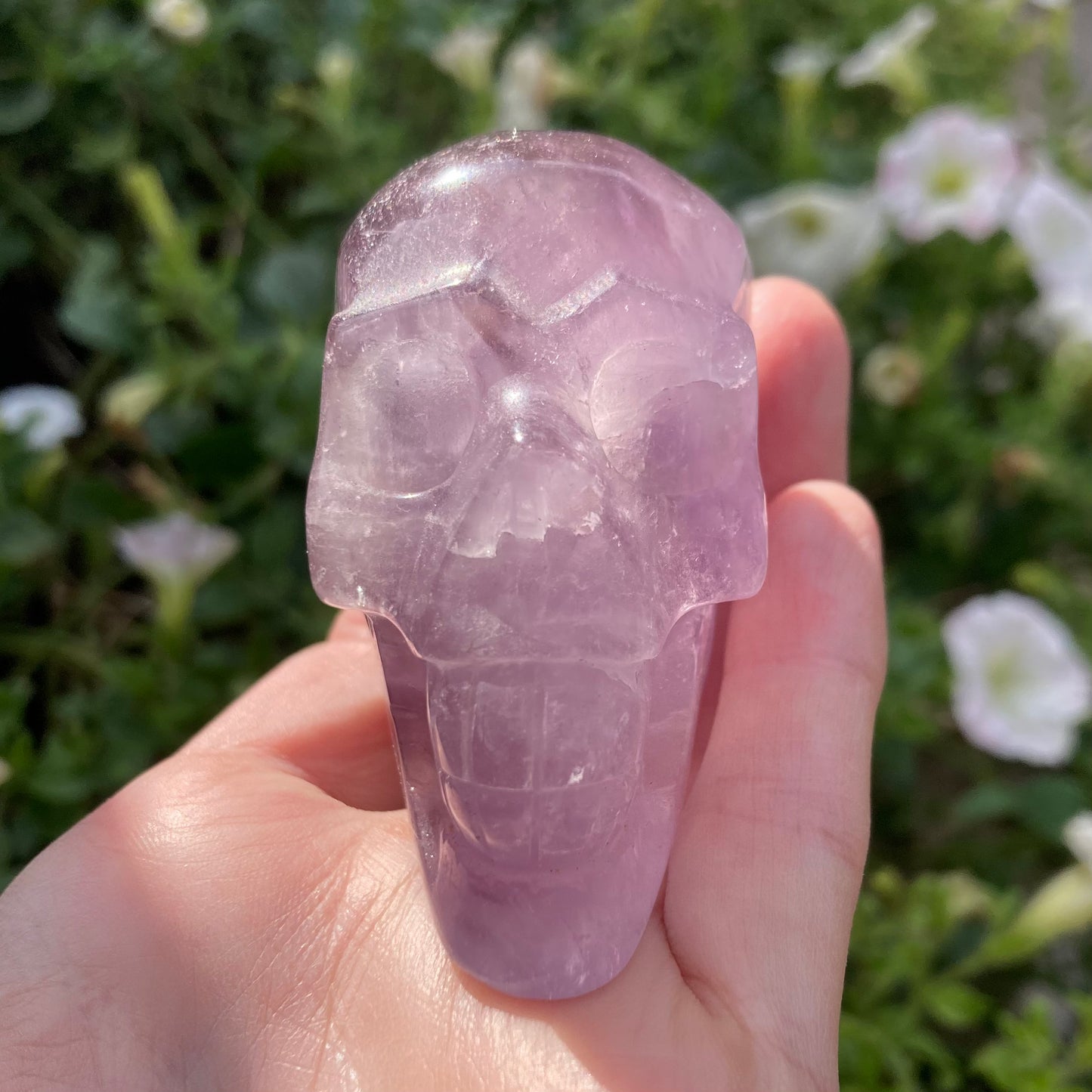 Front view of amethyst skull carving