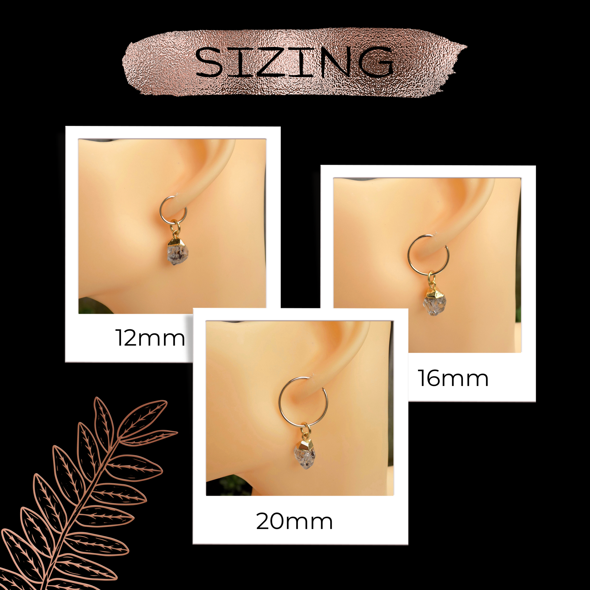 Sizing details for herkimer diamond huggie hoop earrings