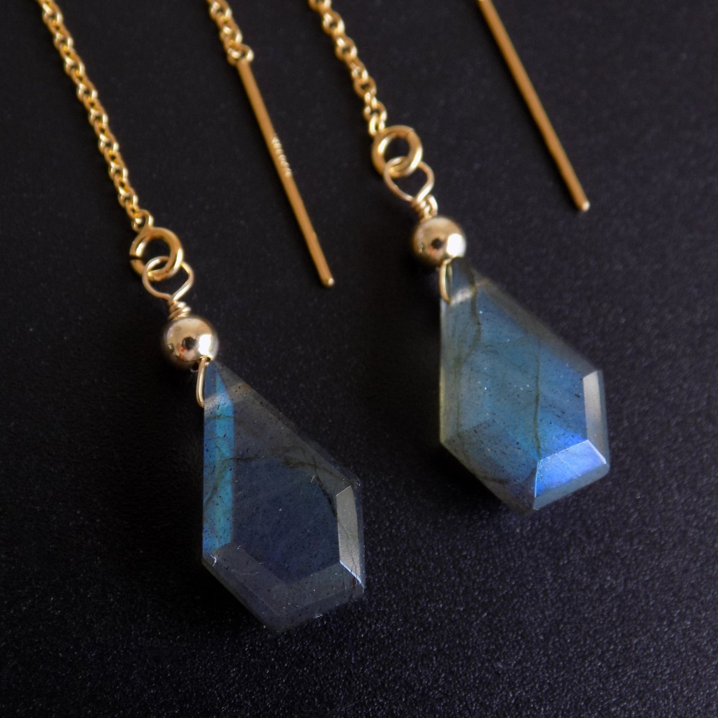 Geometric labradorite pull through earrings, on black background