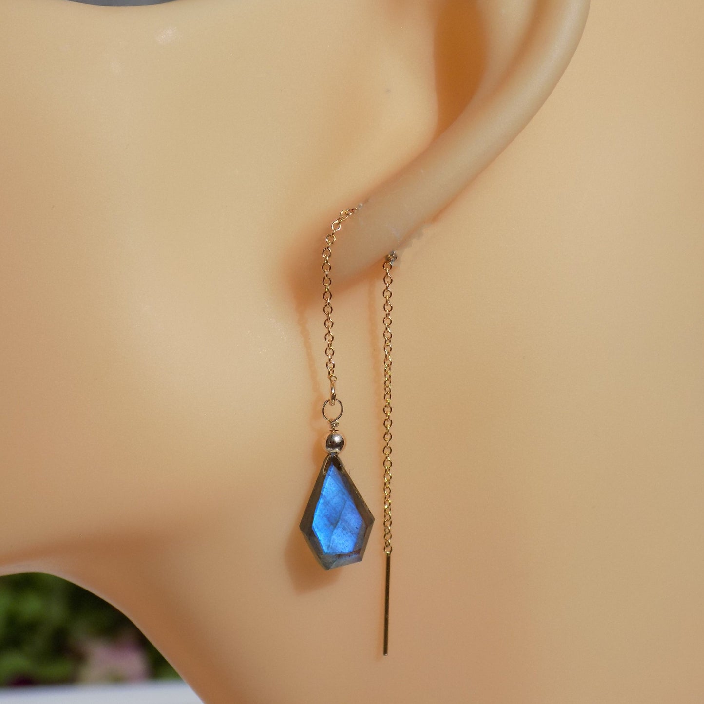 Long labradorite threader earrings on model