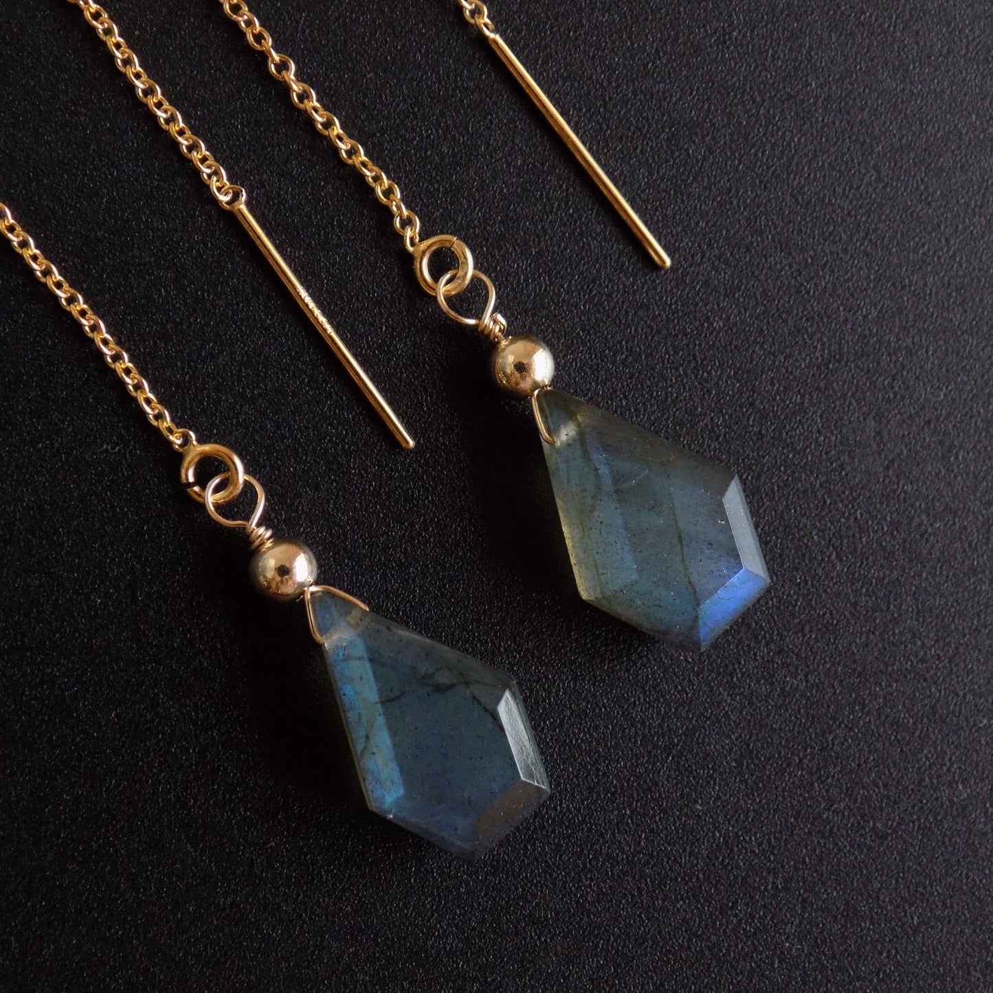 Long labradorite pull through earrings with kite shape gemstones