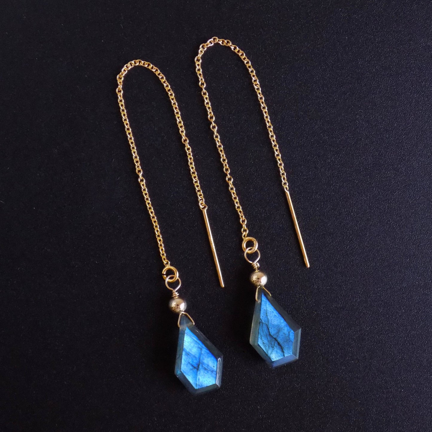 Blue flash labradorite threader earrings in 14K gold fill