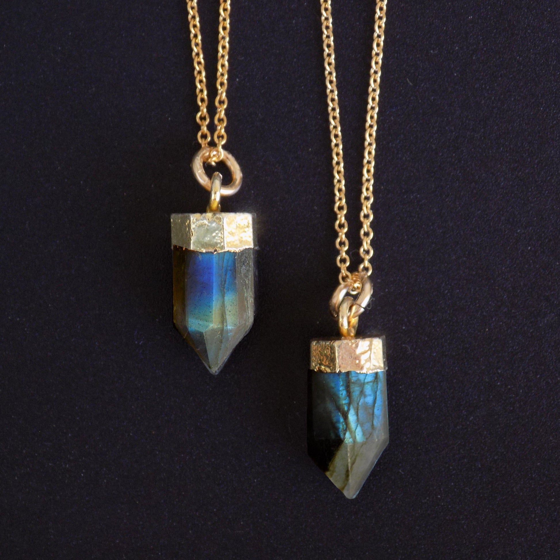 Labradorite bullet pendant necklaces, showing blue flash