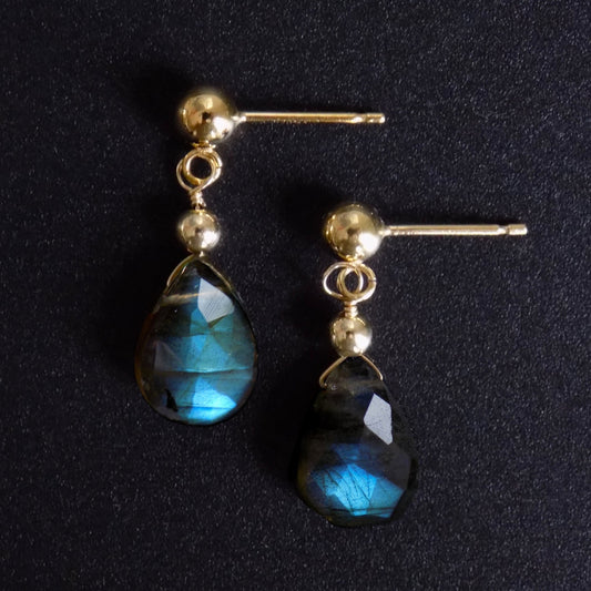 Blue flash labradorite stud drop earrings in gold