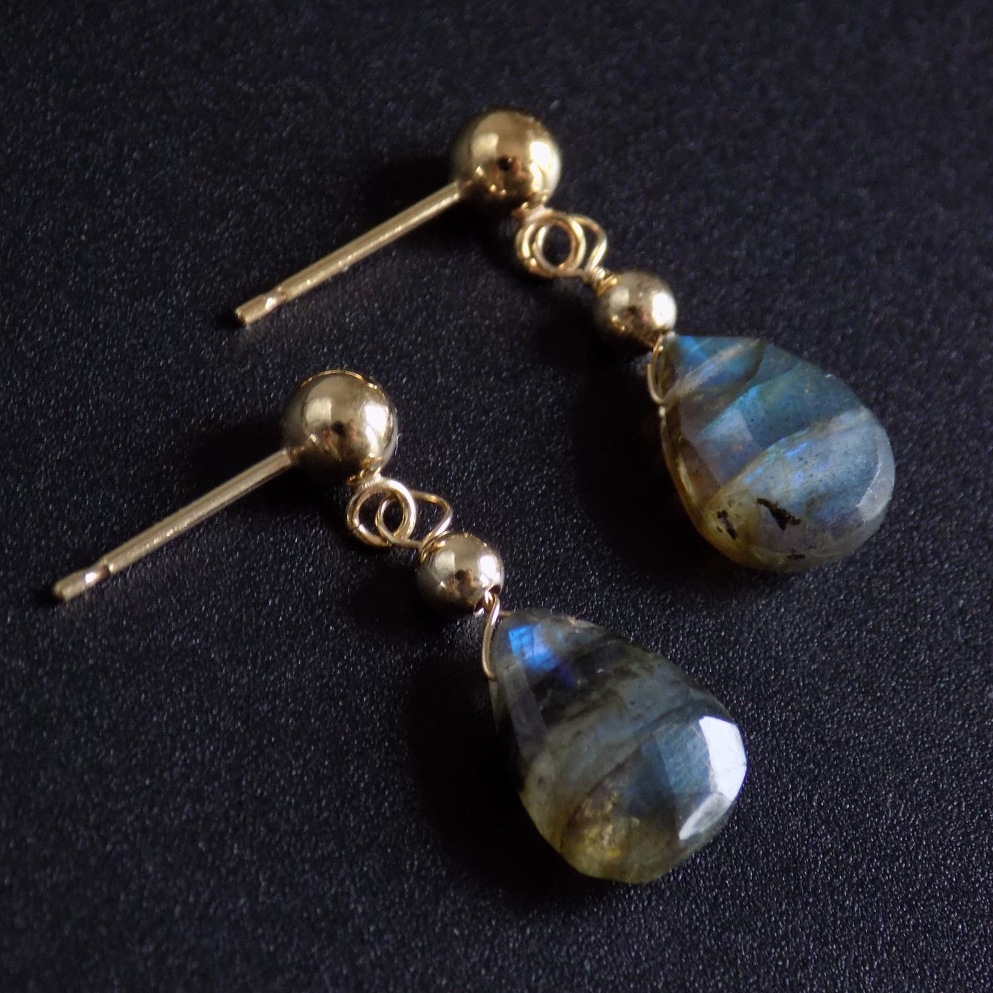 Close up of labradorite earrings in 14K gold fill