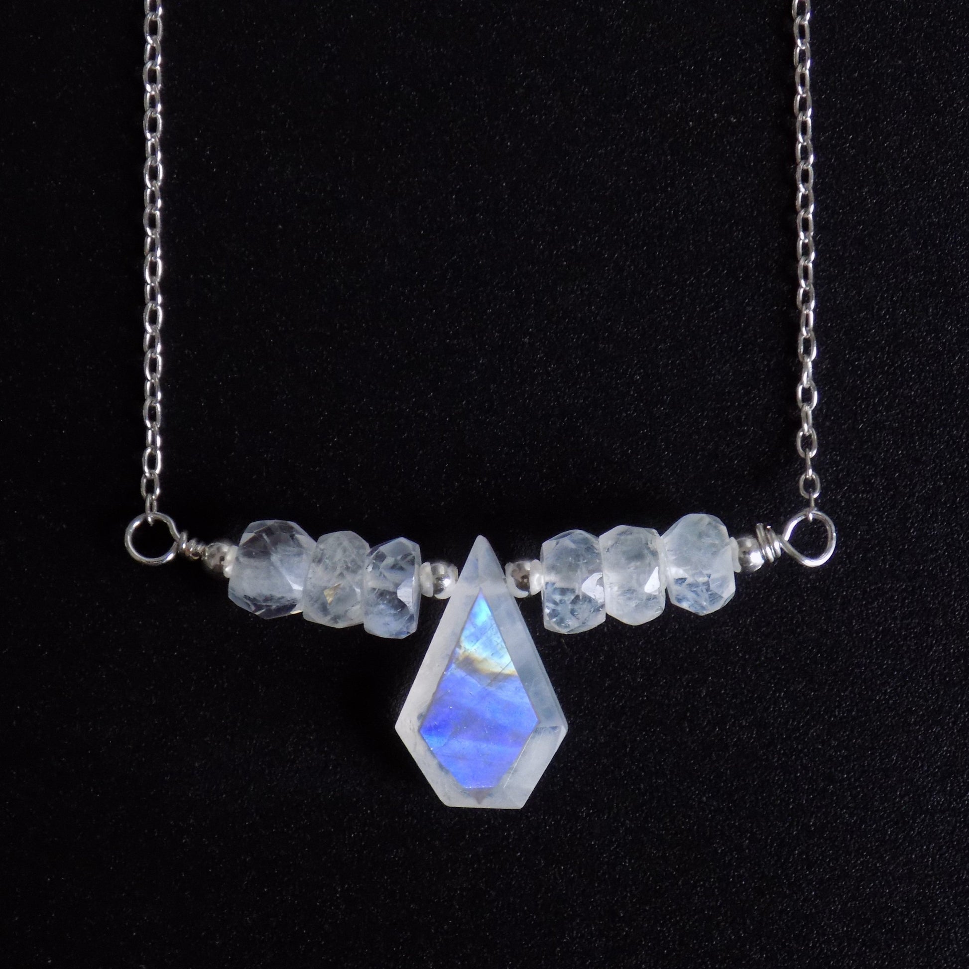 Rainbow moonstone bar necklace with kite shape stone