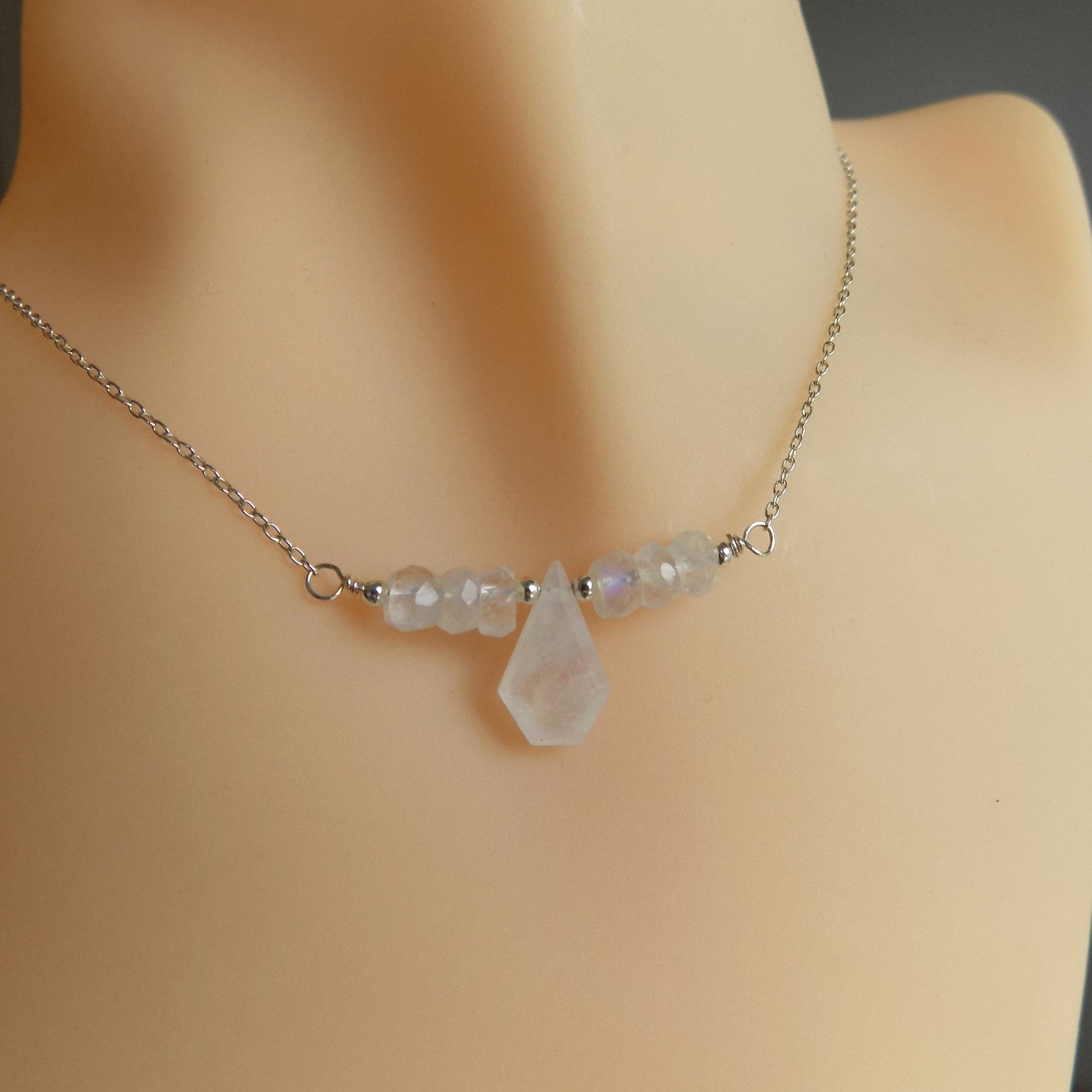 Moonstone bar necklace on model