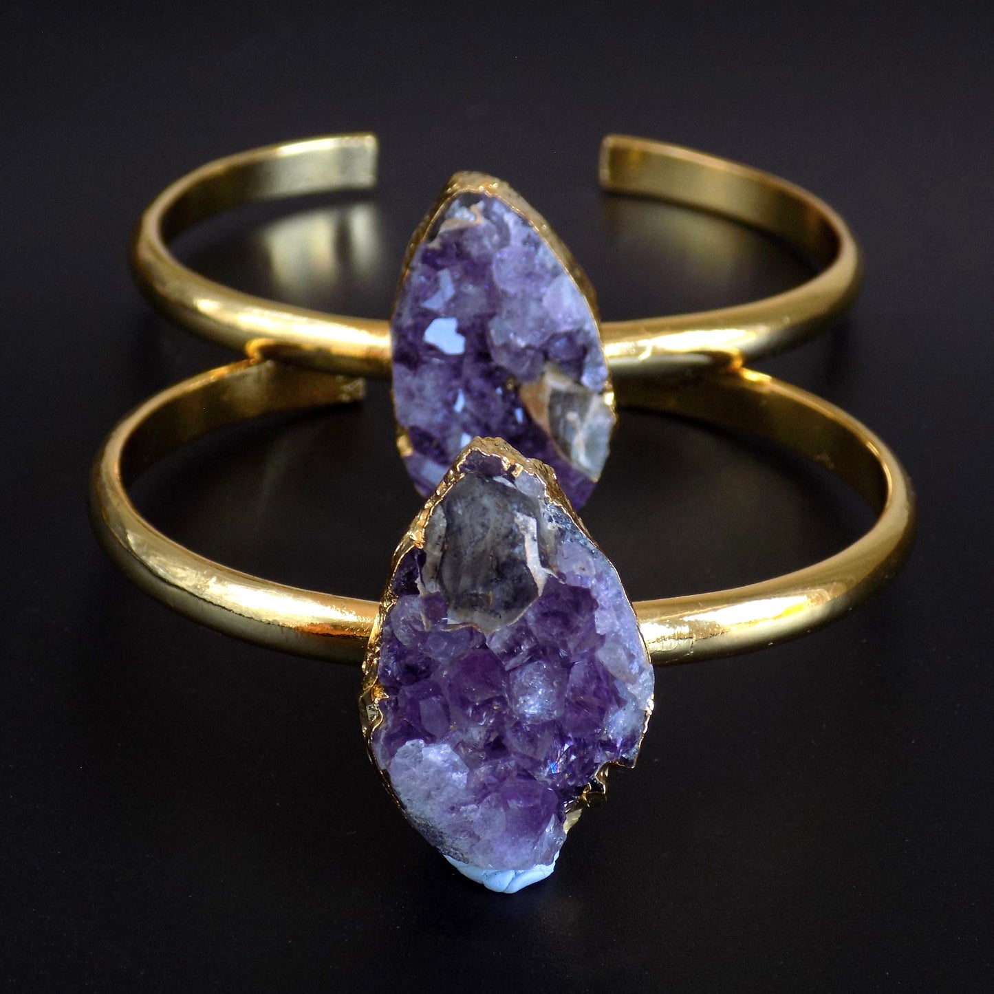 Raw amethyst cuff bangles with gold finish