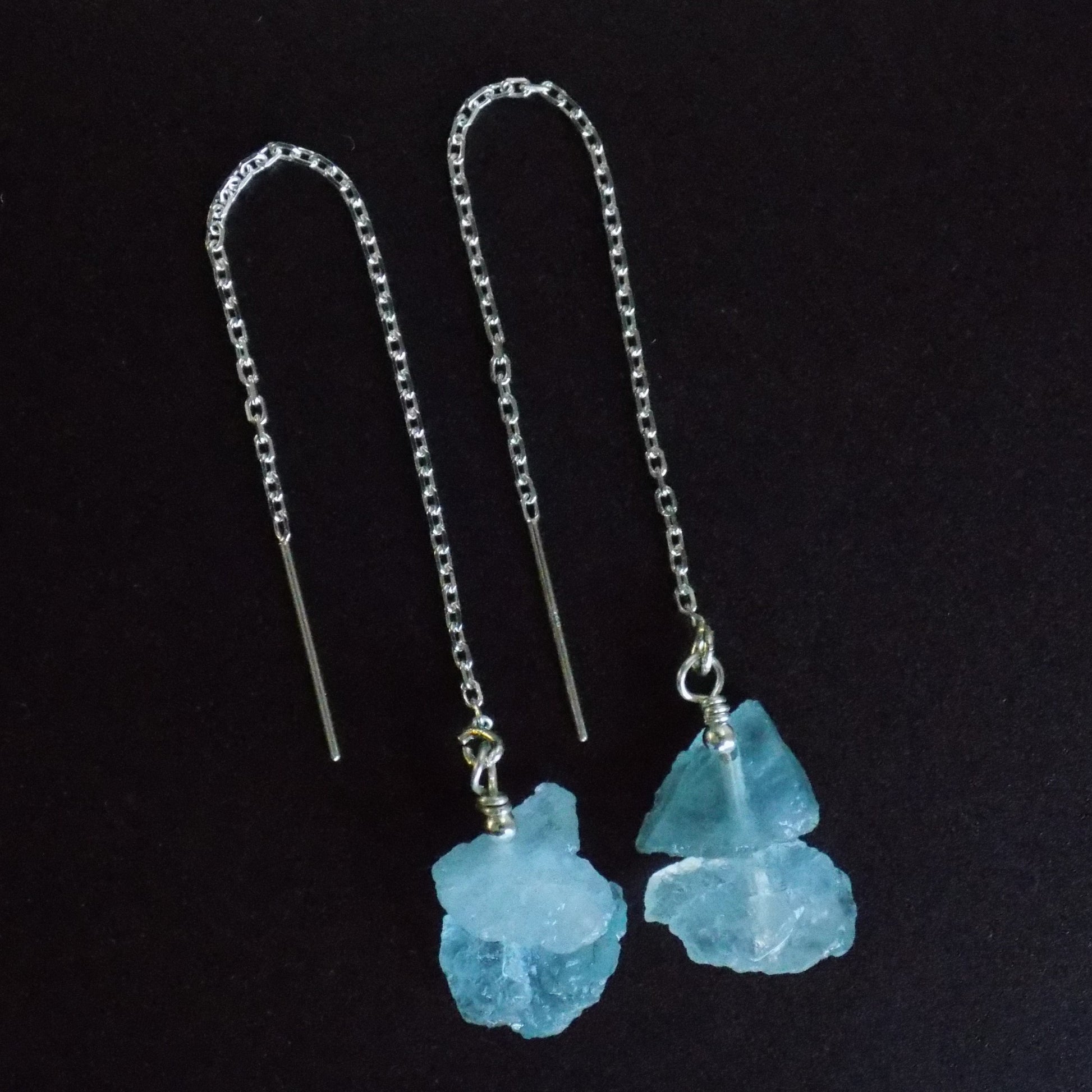 Raw aquamarine crystal threader earrings, in sterling silver