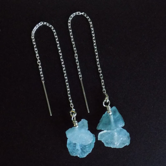 Raw aquamarine crystal threader earrings, in sterling silver