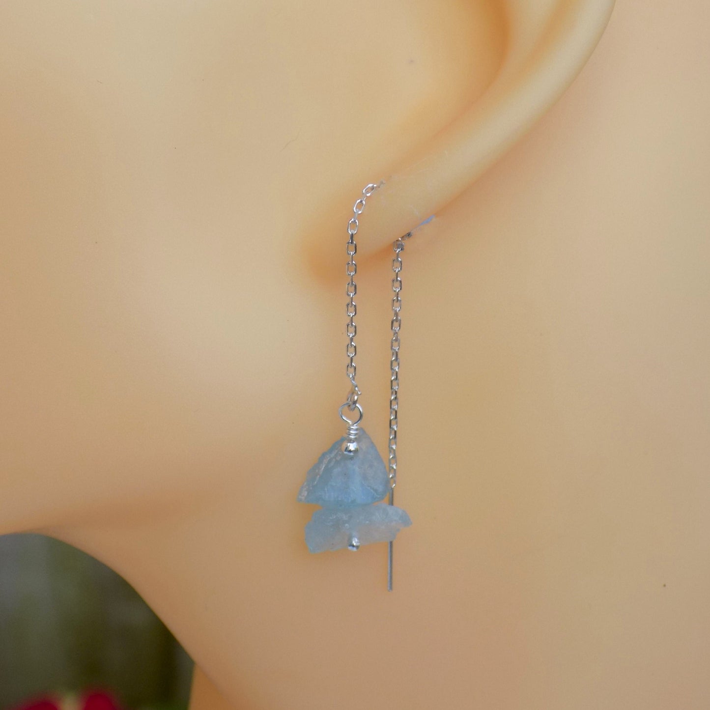 Aquamarine threader earrings on model