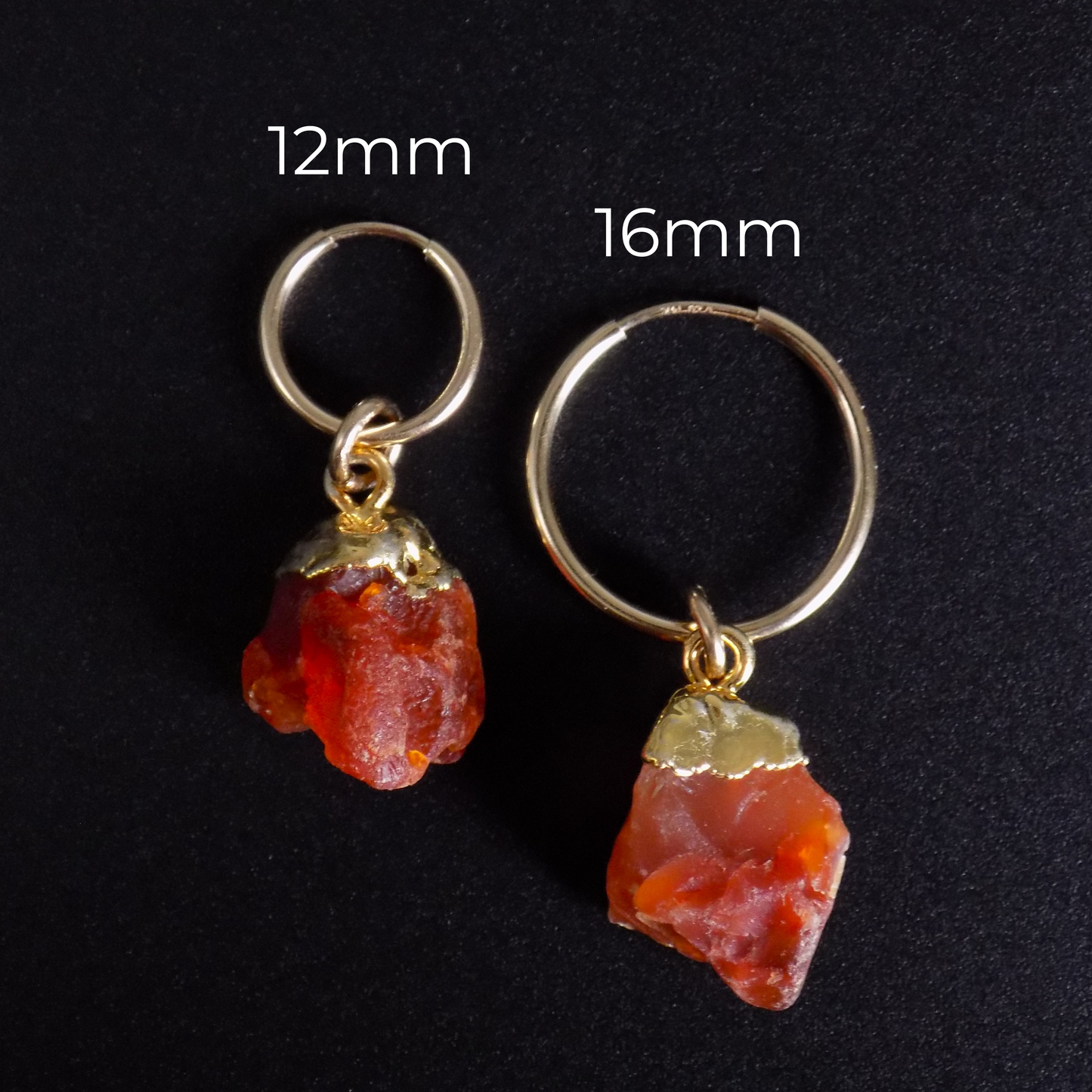 Raw carnelian hoop earrings in 12mm and 16mm sizes