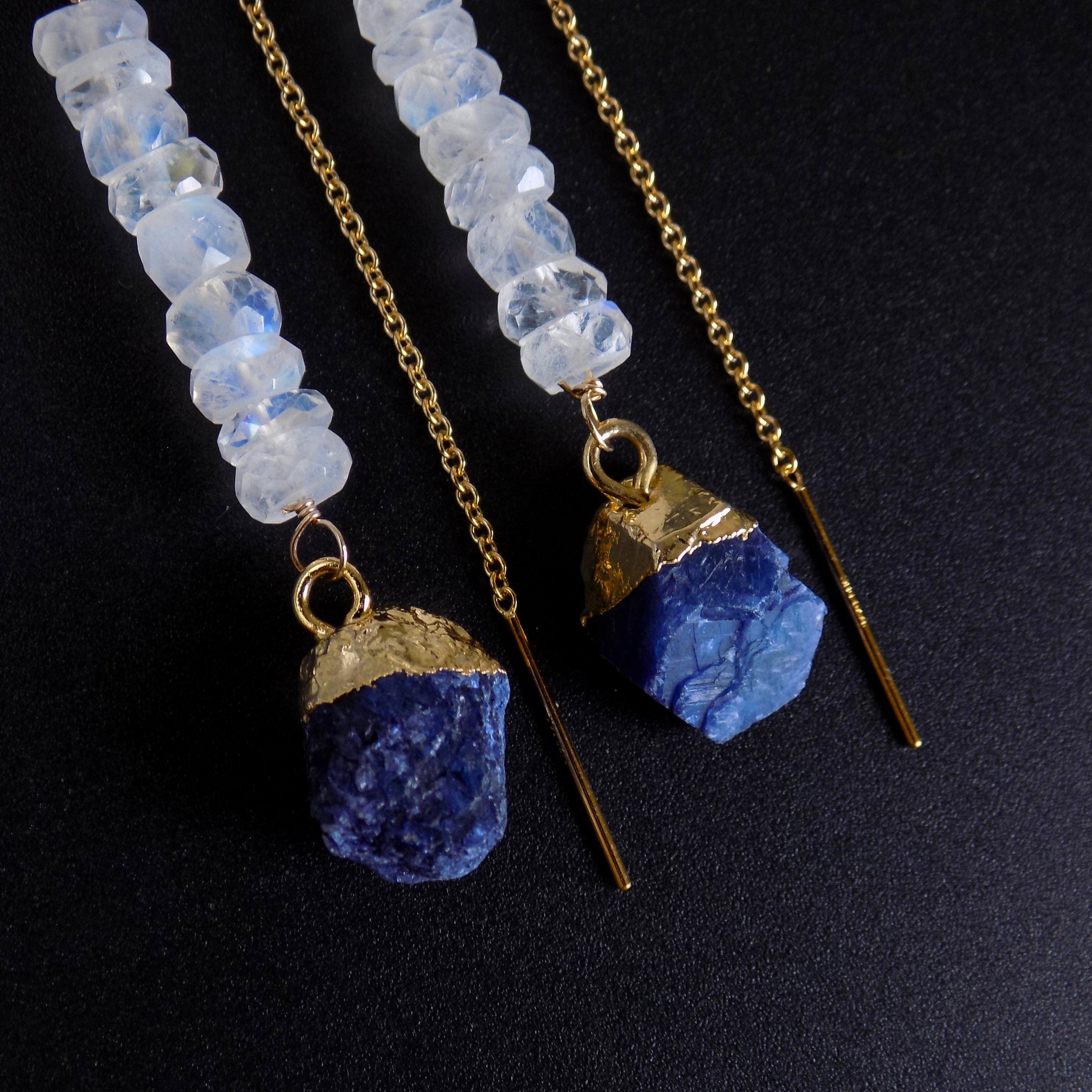 Chunky sapphire gemstones on threader earrings