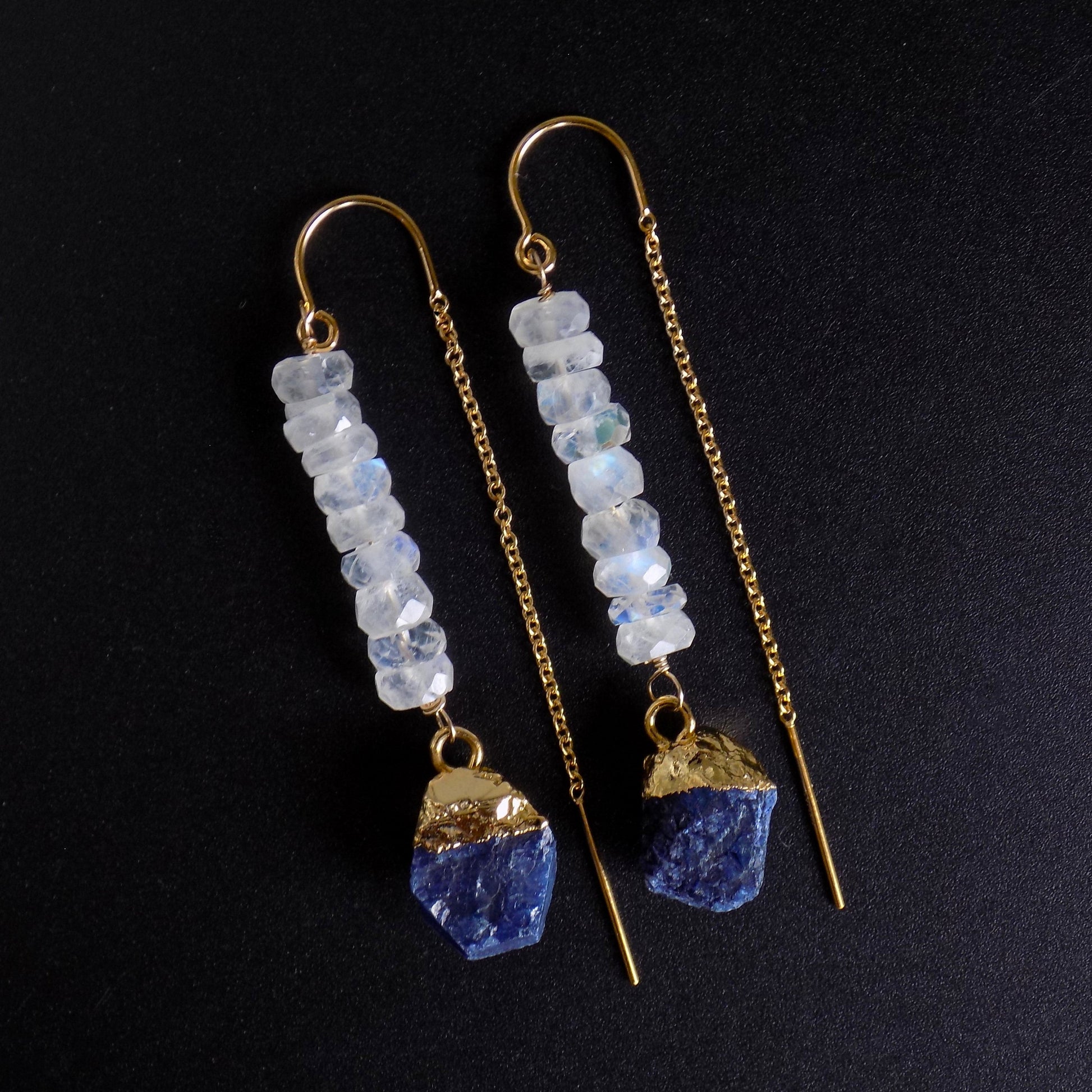 Raw sapphire and moonstone threader earrings in 14K gold fill