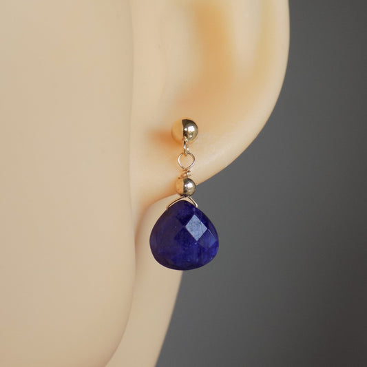 Blue sapphire stud drop earring on model