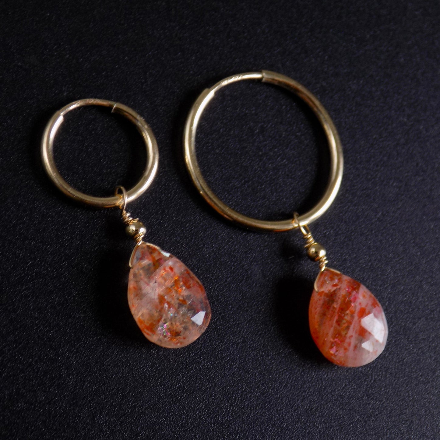 Sunstone gemstone earrings in two hoop sizes