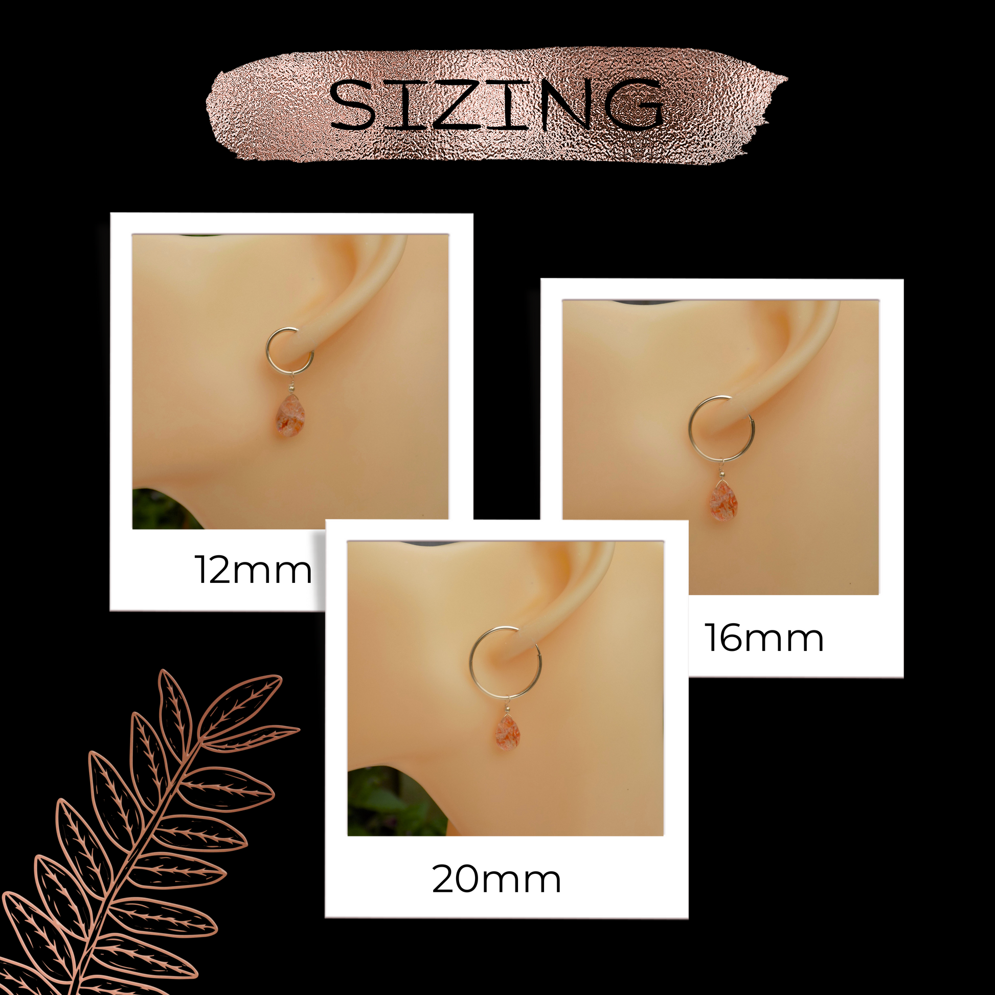 Sunstone huggie earrings in 12mm, 16mm and 20mm sizes