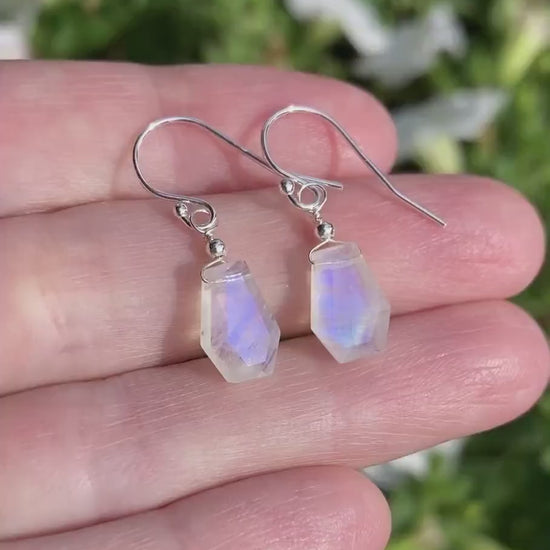 Video of coffin shape rainbow moonstone earrings