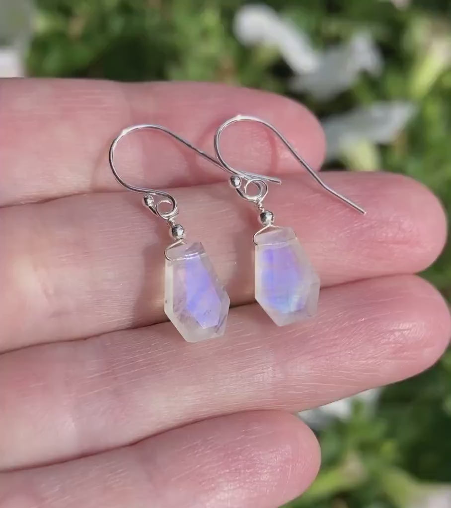 Video of coffin shape rainbow moonstone earrings